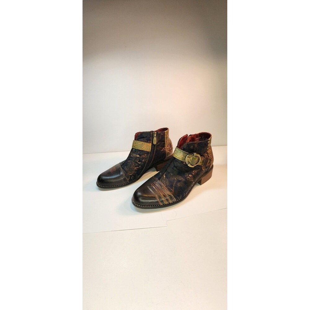 Spring Step Black Multicolor Leather Ankle Boots with Gold Accent